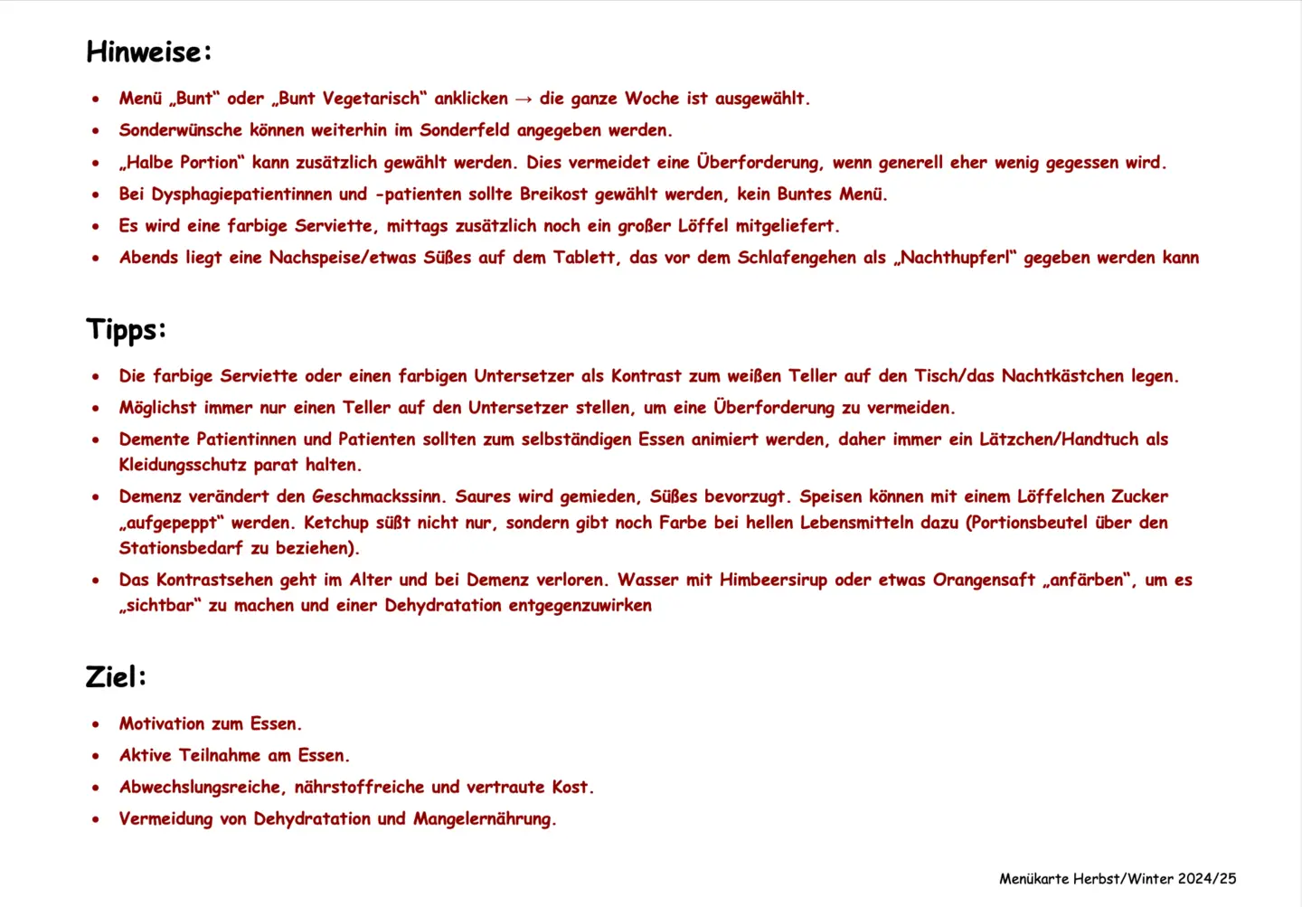 Rückseite laminierter Menüplan, © Klinikum Dritter Orden München-Nymphenburg