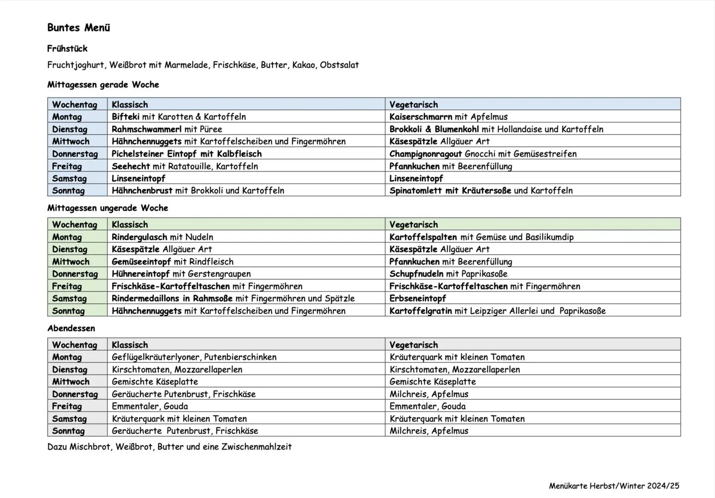 Vorderseite laminierter Menüplan, © Klinikum Dritter Orden München-Nymphenburg